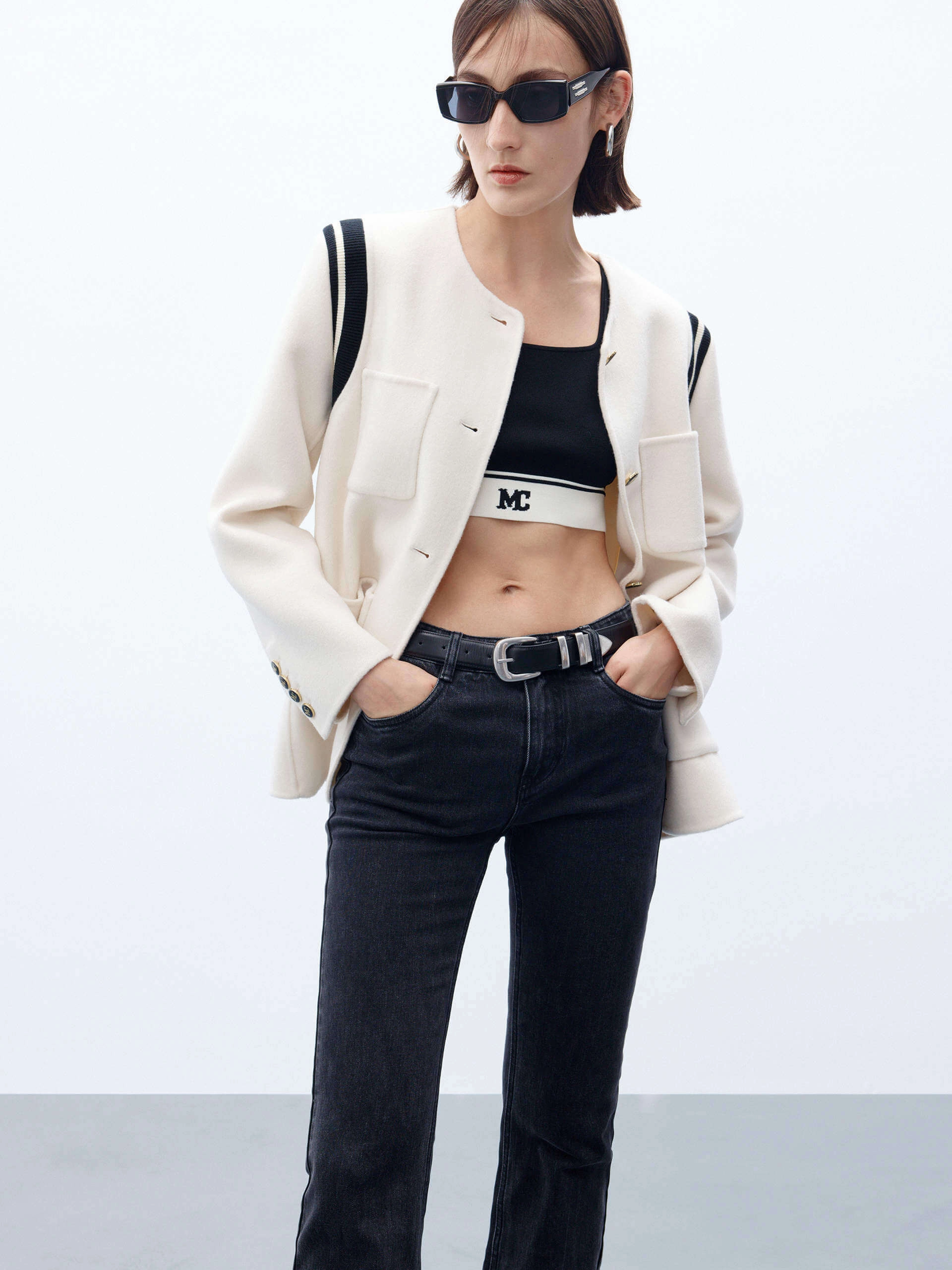 Wool Blend Collarless Coat FasteningHood Ribbed Trim Details