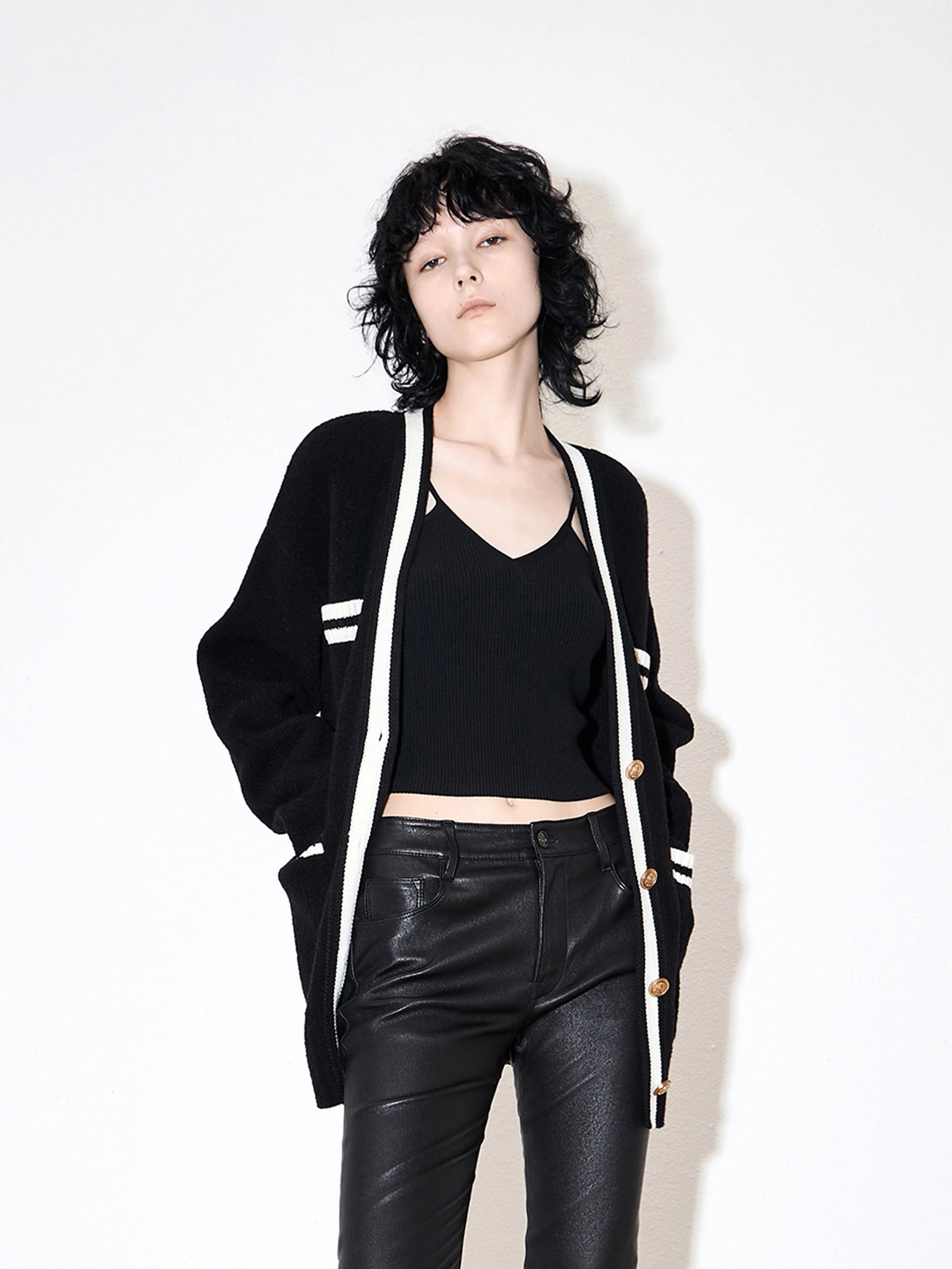 Reflective Trims YarnDyedFabric Wool Blend Contrast Cardigan