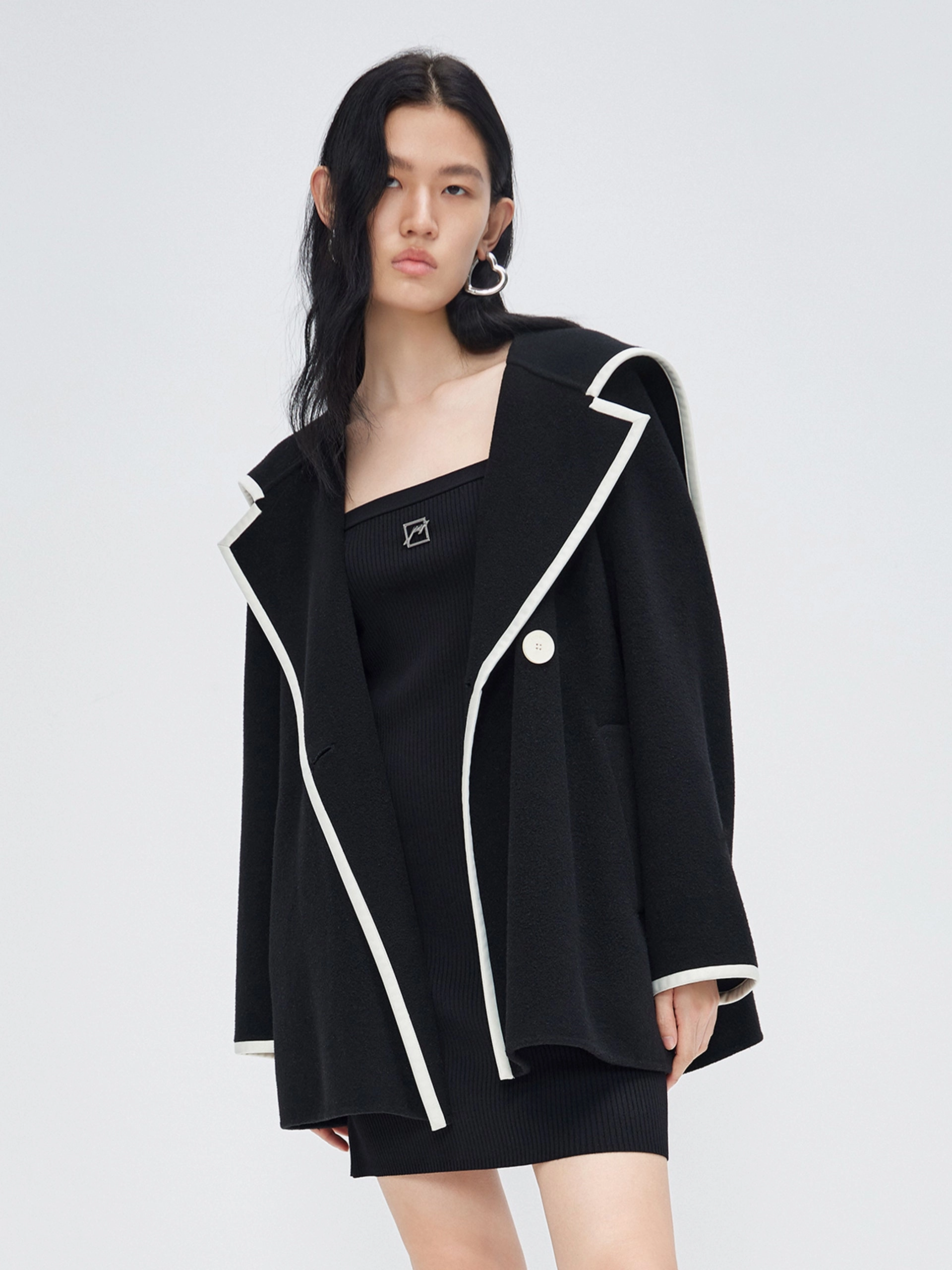 Sun Protective Fabric Lightweight Wool Blend Contrast Pocketed Coat