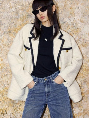 Wool Blend Contrast Textured Coat YarnDyed Stripes