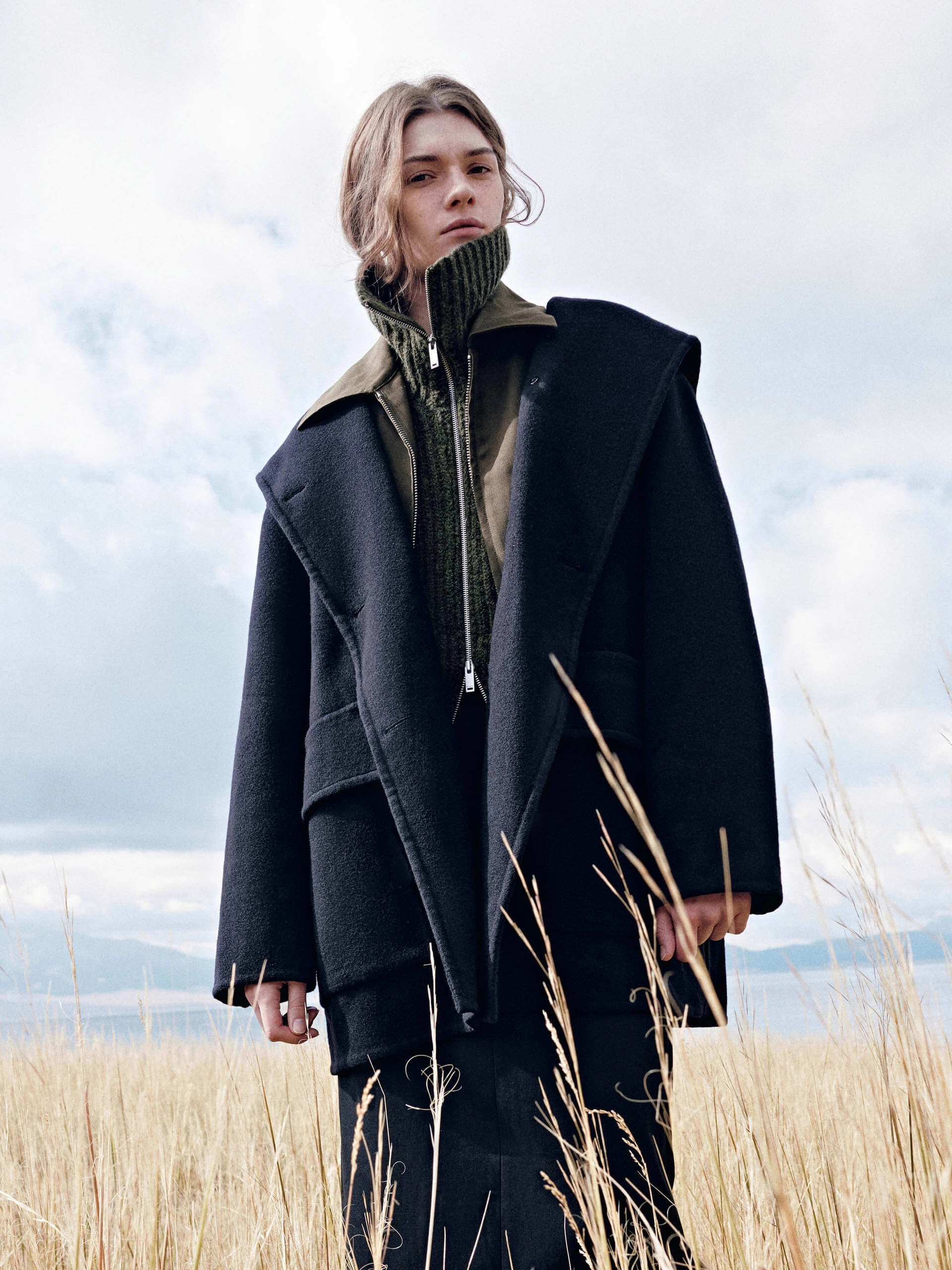 Wool Blend Hooded Midi Coat Ribbed Collar Style