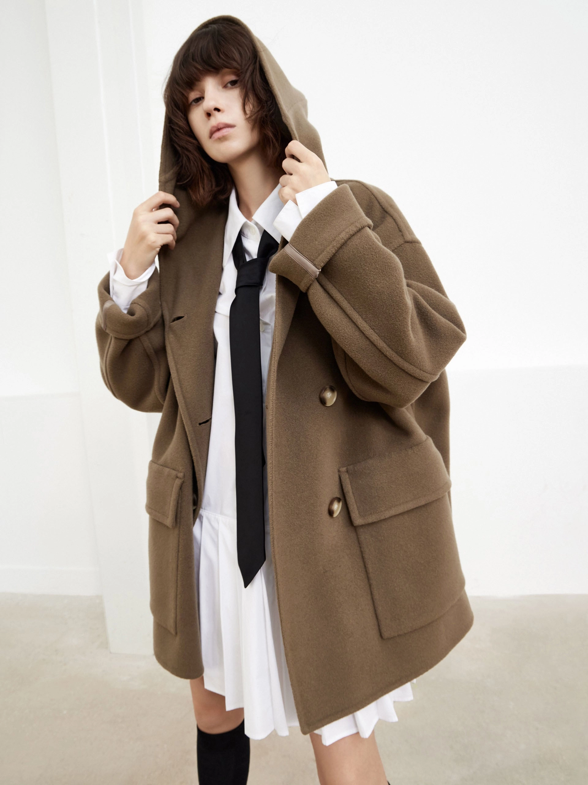 Garment Washed Finish Wool Blend Hooded Midi Coat