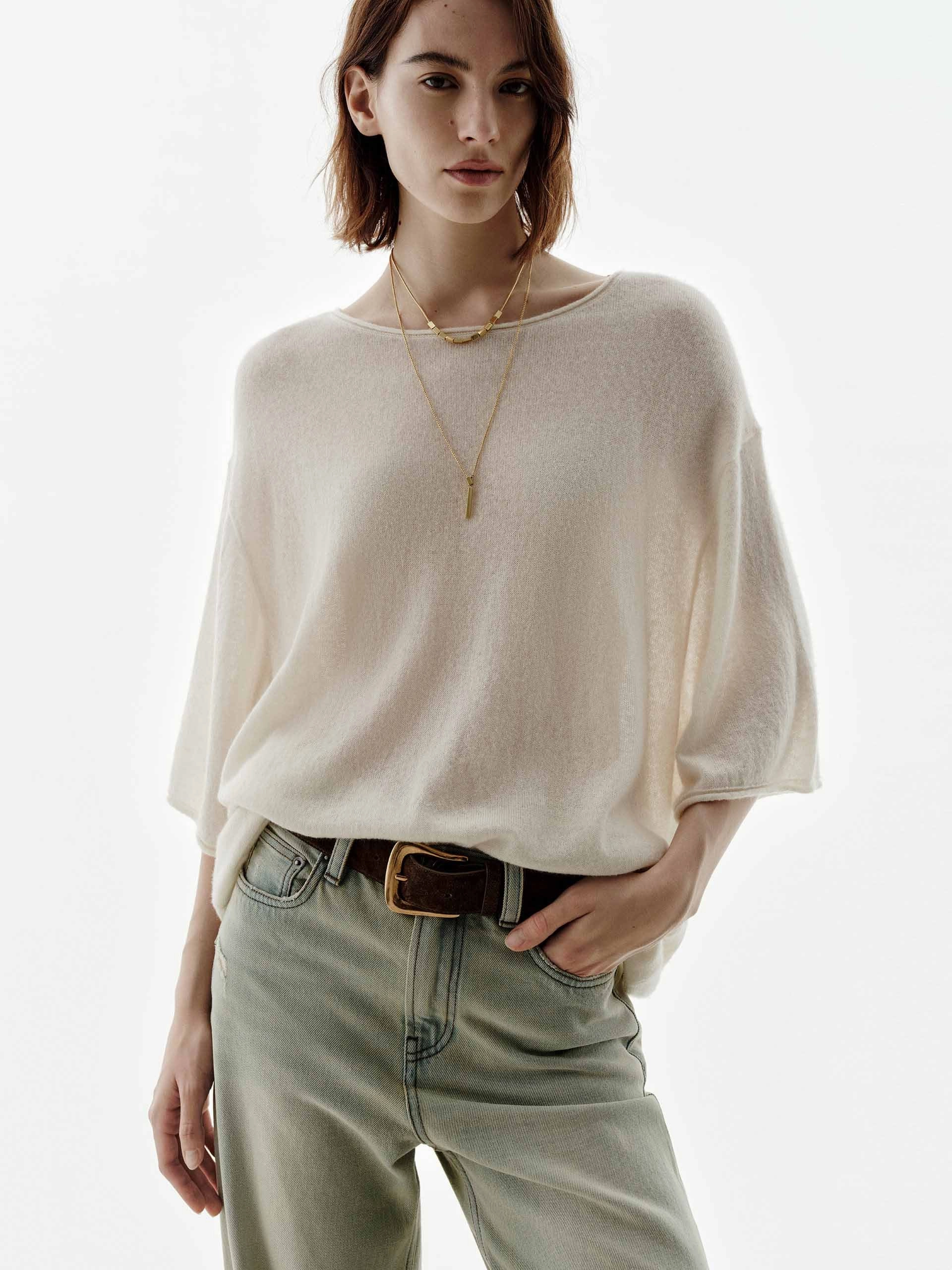 WaterResistantCoating Ribbed Neckline Wool Blend Loose Knitted Top