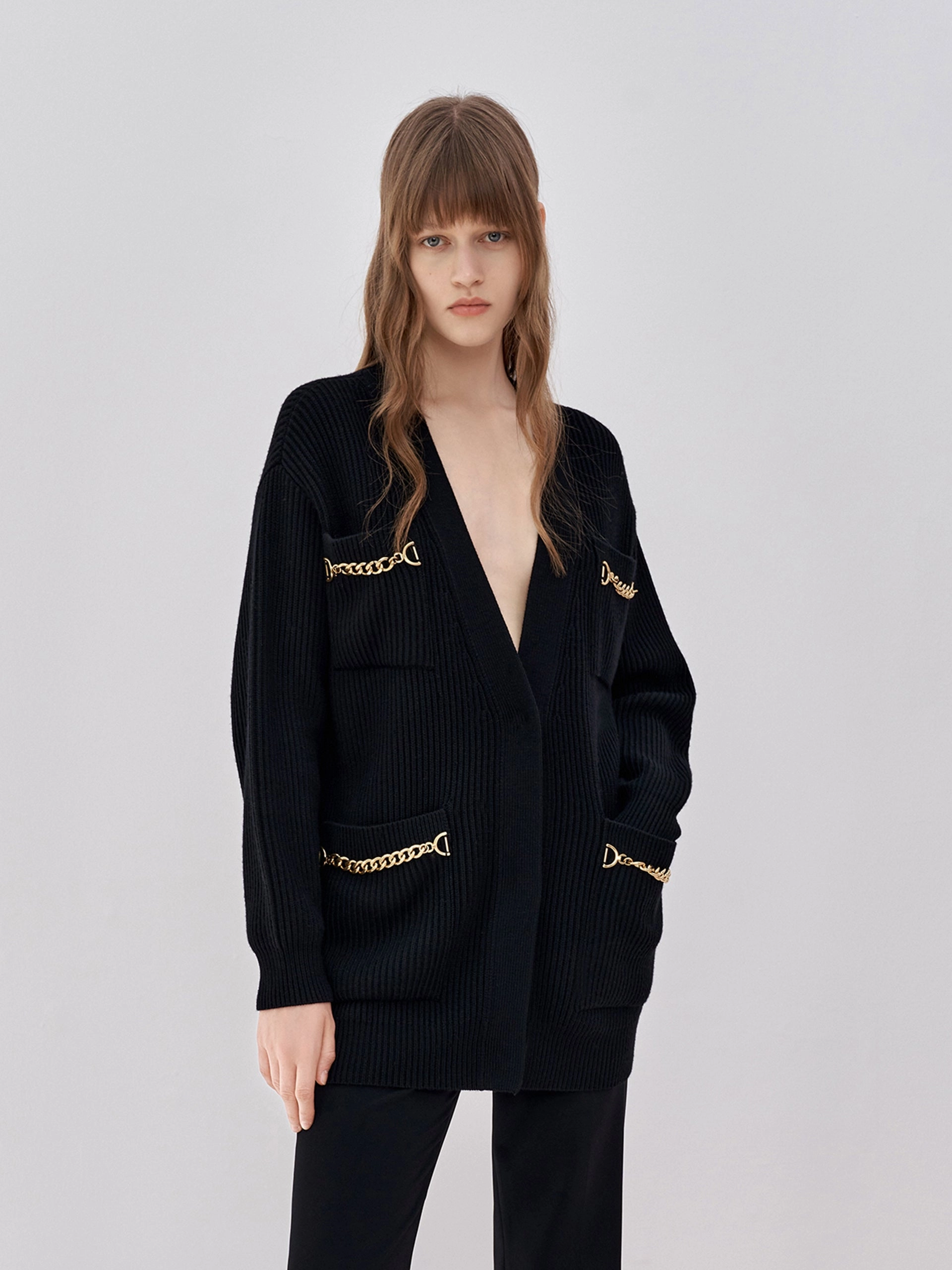 Ventilated Mesh Panels V-neck Shirt Wool Blend Pocket Cardigan