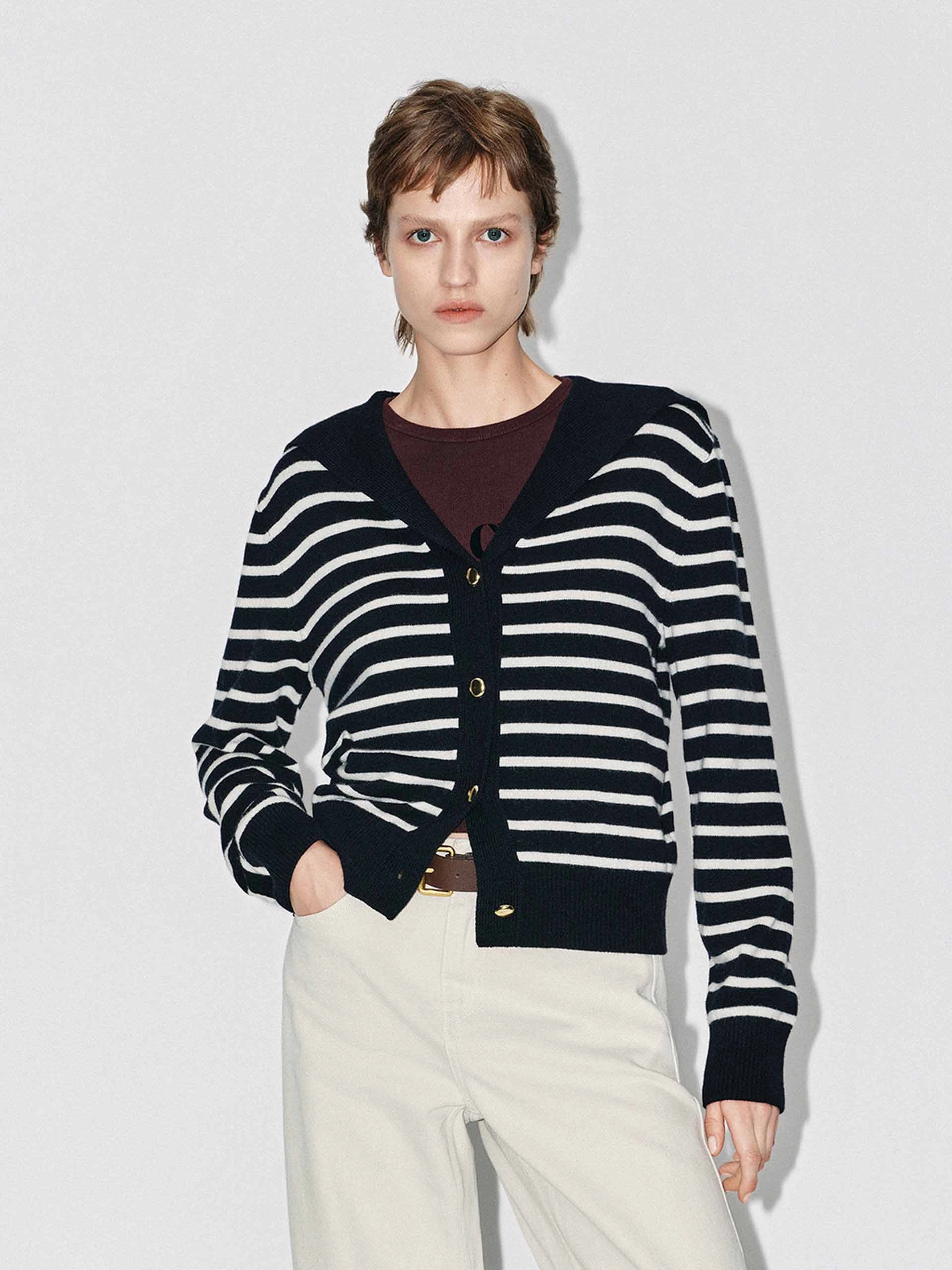 Wool Blend Striped Cardigan Full Coverage Fit Trendy Look