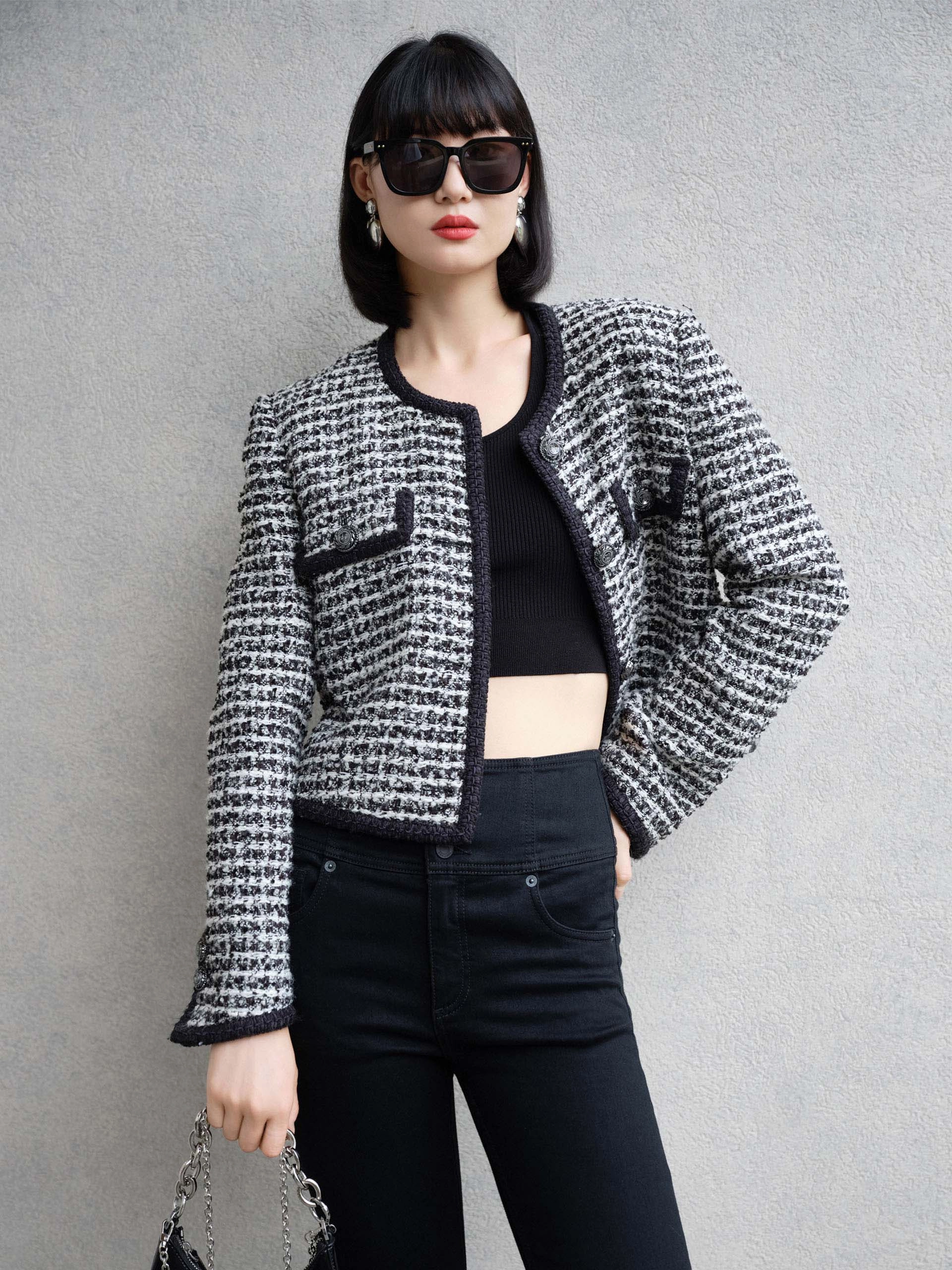 Wool Blend Tweed Crop Jacket SnagResistant Tailored Placket