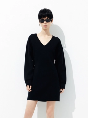 Wool Blend V Neck Dress Breath Soft