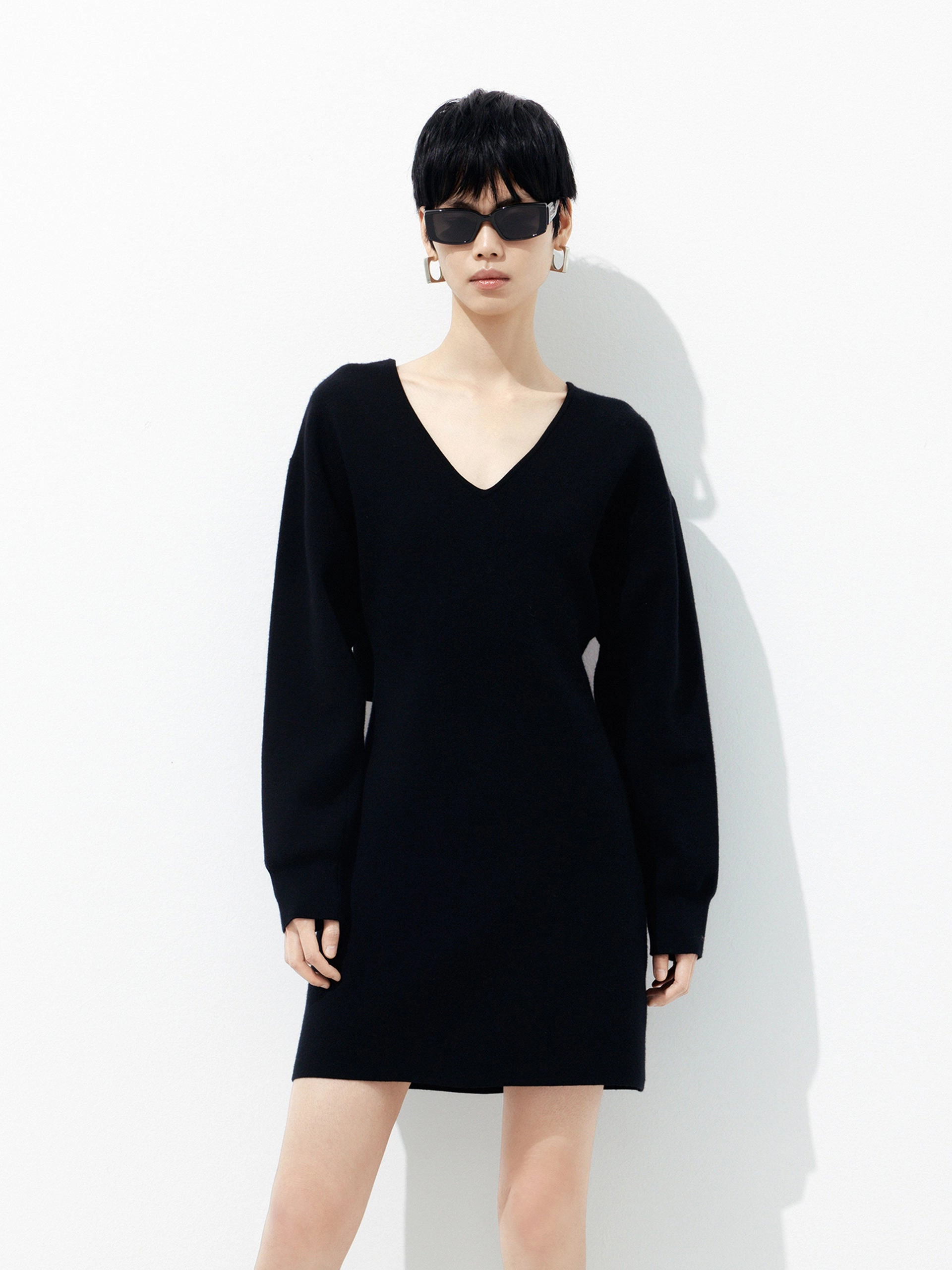 Lightweight Fabric Casual Outfit Wool Blend V Neck Dress