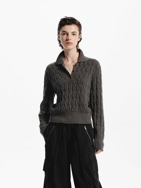 Wool Cable Knit Sweater MicrofiberBlend Comfortable Collar