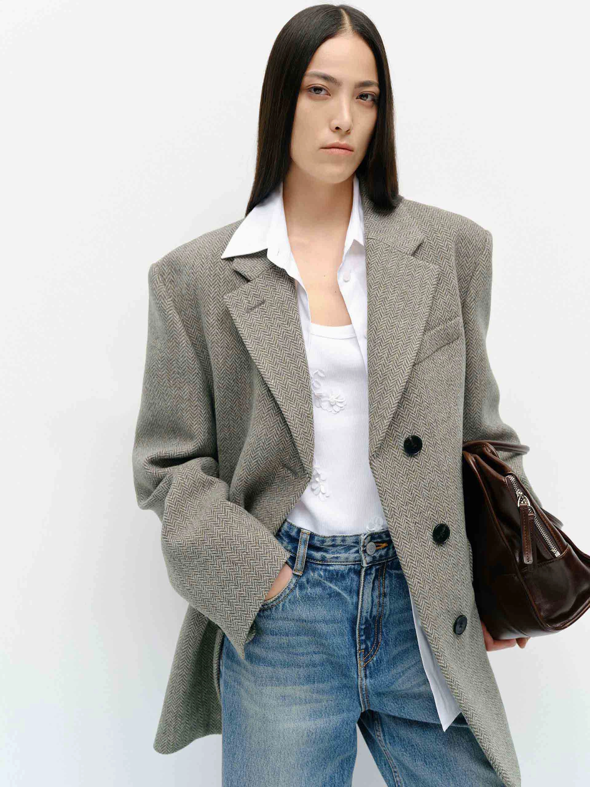 Frictionless Zipper Tracks Wool Herringbone Blazer