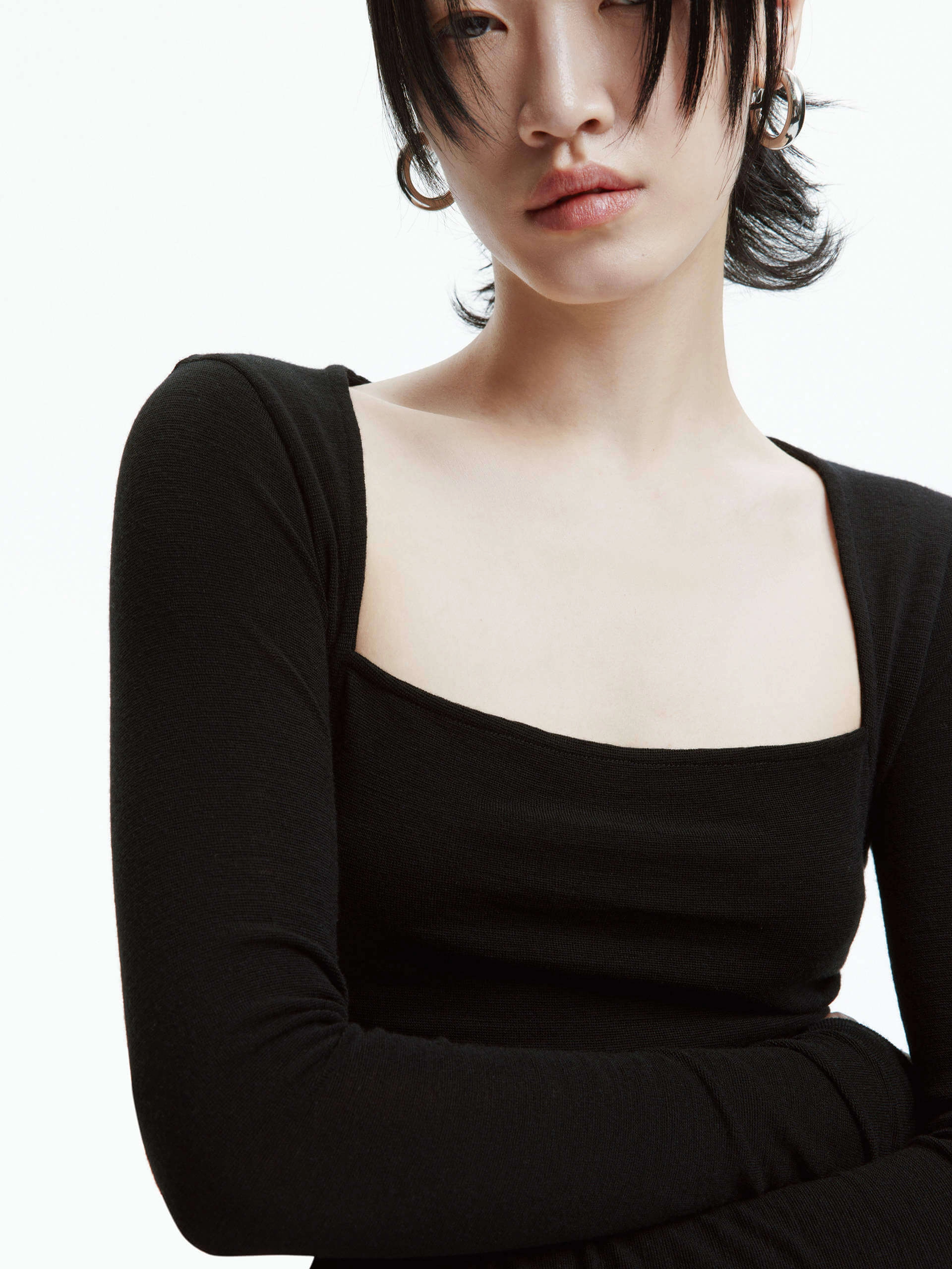 Wool Square Neck Knit Top BoxySilhouette EasyCare Fabric