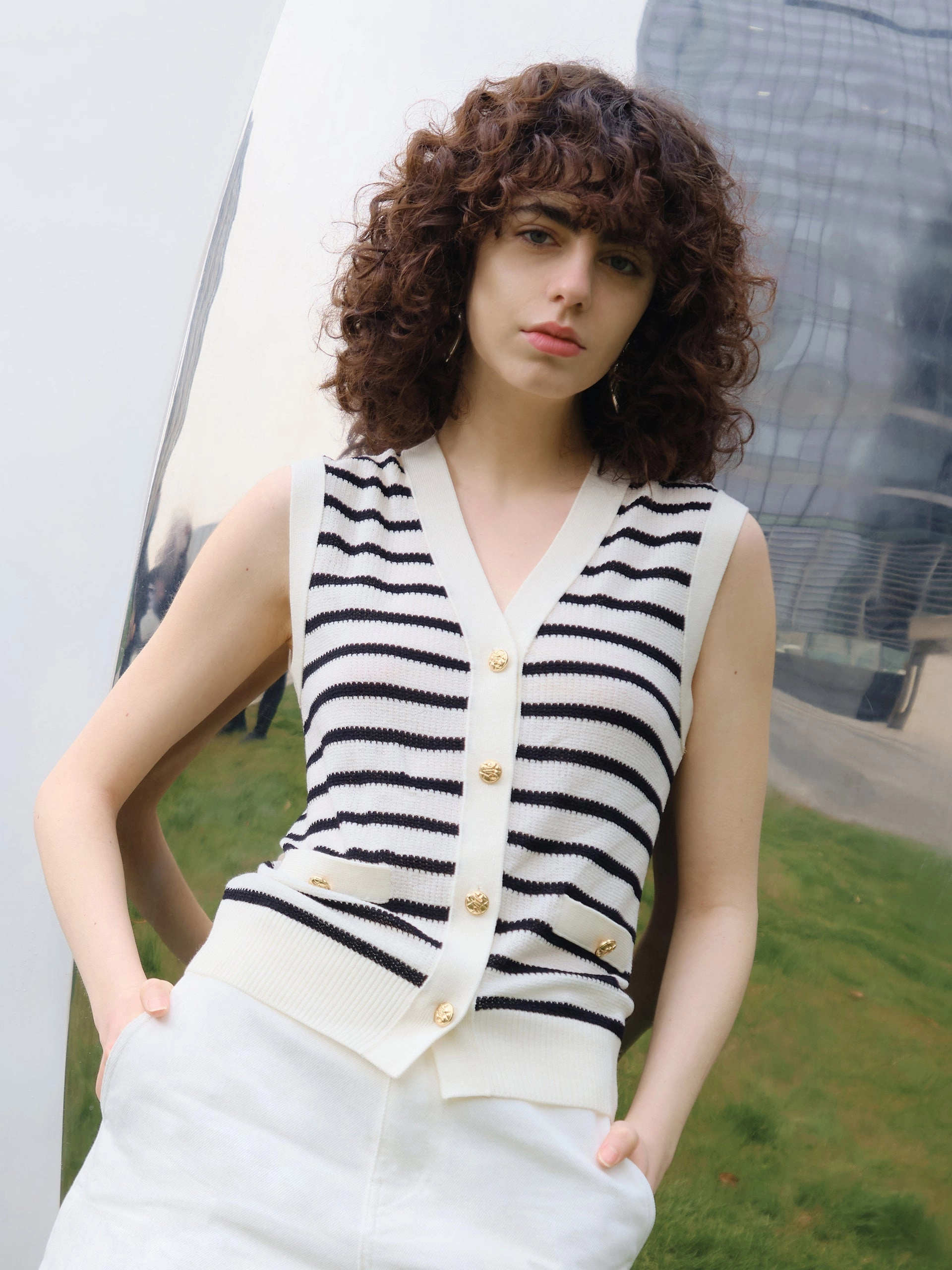 Wool Stripe Cropped Knit Top Minimalist Stitching AntiMicrobialLining