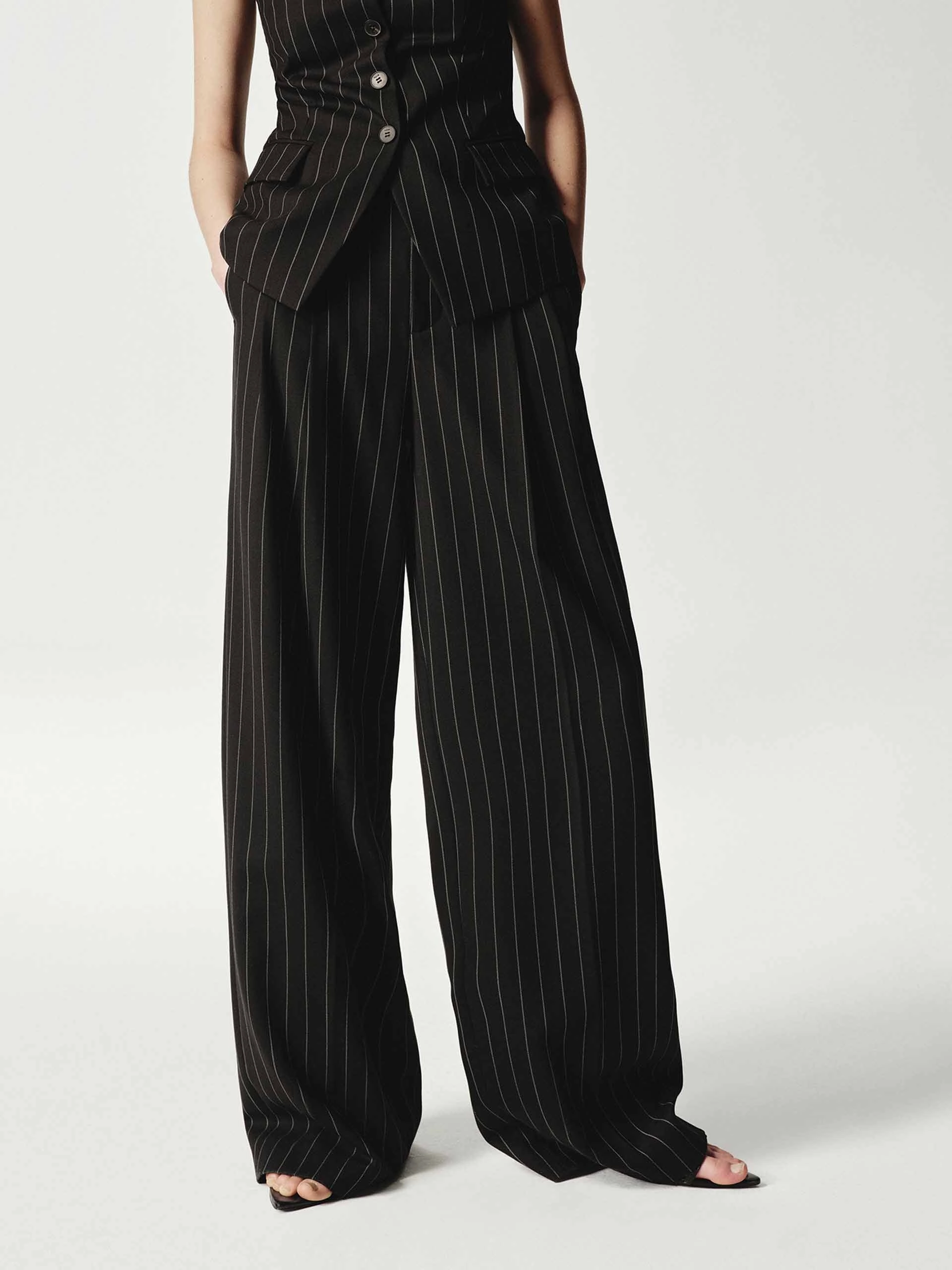 Wool Striped Straight Trousers Flexible Wear Embroidered Detail