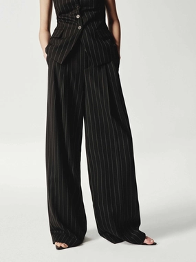 Wool Striped Straight Trousers Flexible Wear Embroidered Detail