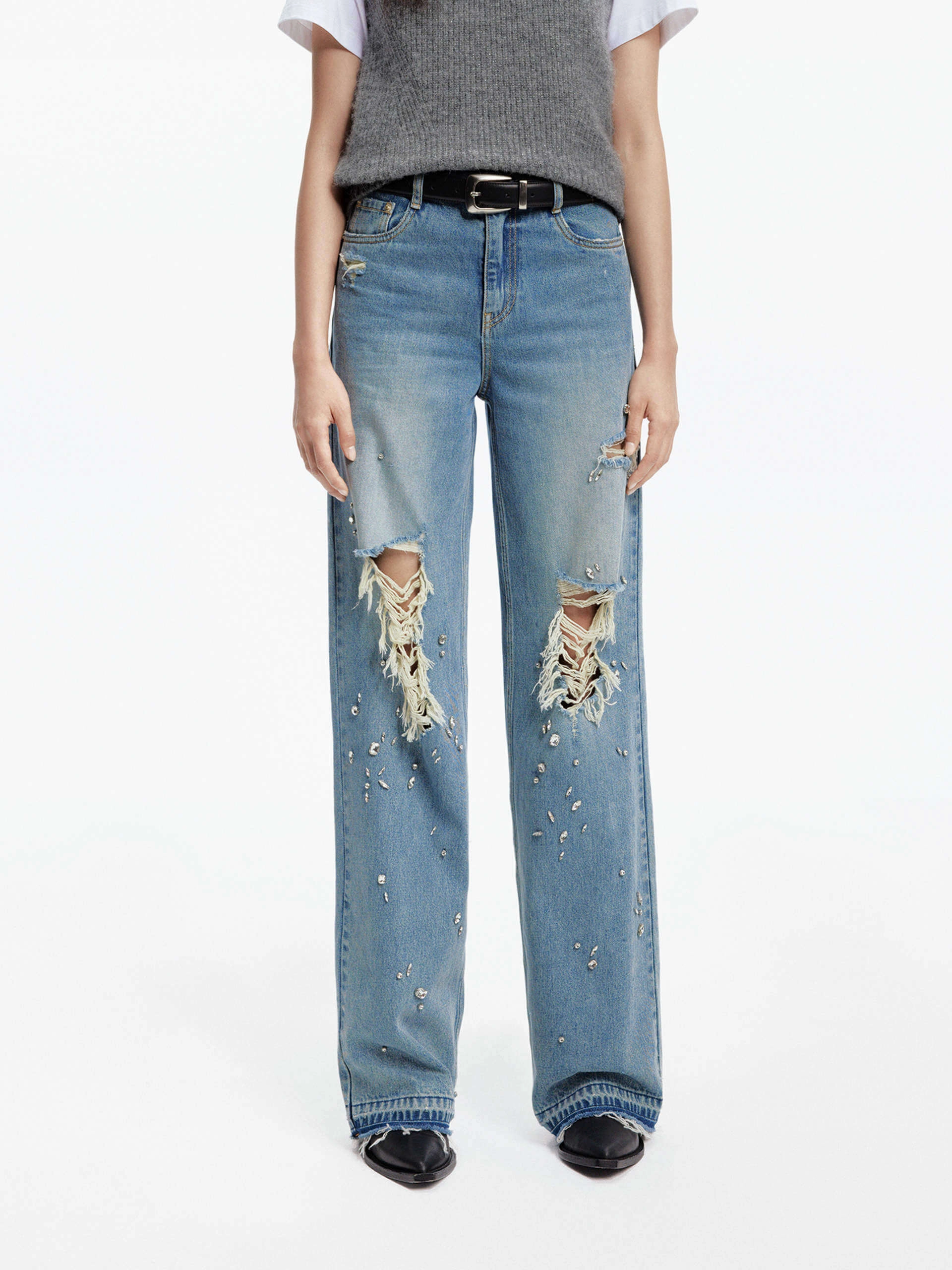 Crystal Detail Straight Jeans Daily Wear Breathable Classic