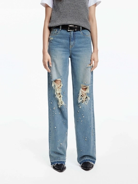 Crystal Detail Straight Jeans All Season Fabric Weight clean look