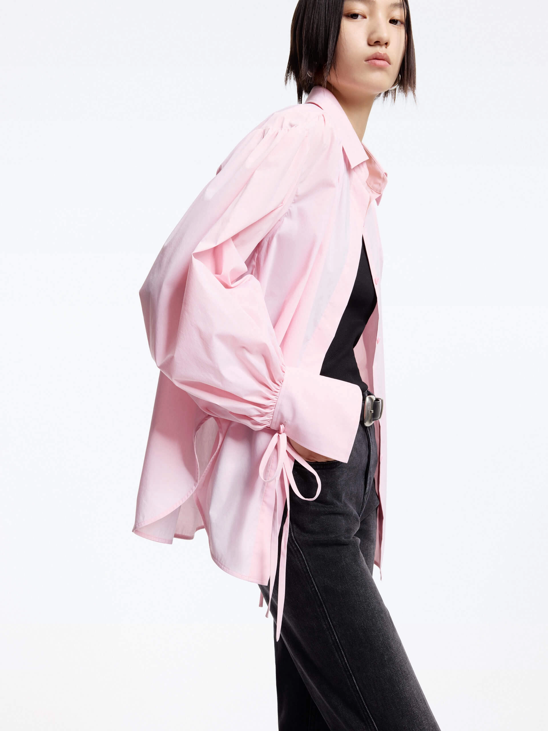 Loose Puff Sleeves Shirt DoubleStitched Hemming FrenchTerryTexture