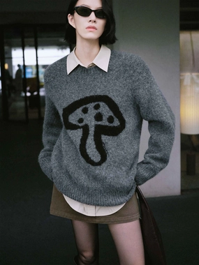 Ventilated Mesh Panels Mushroom Pattern Loose Sweater