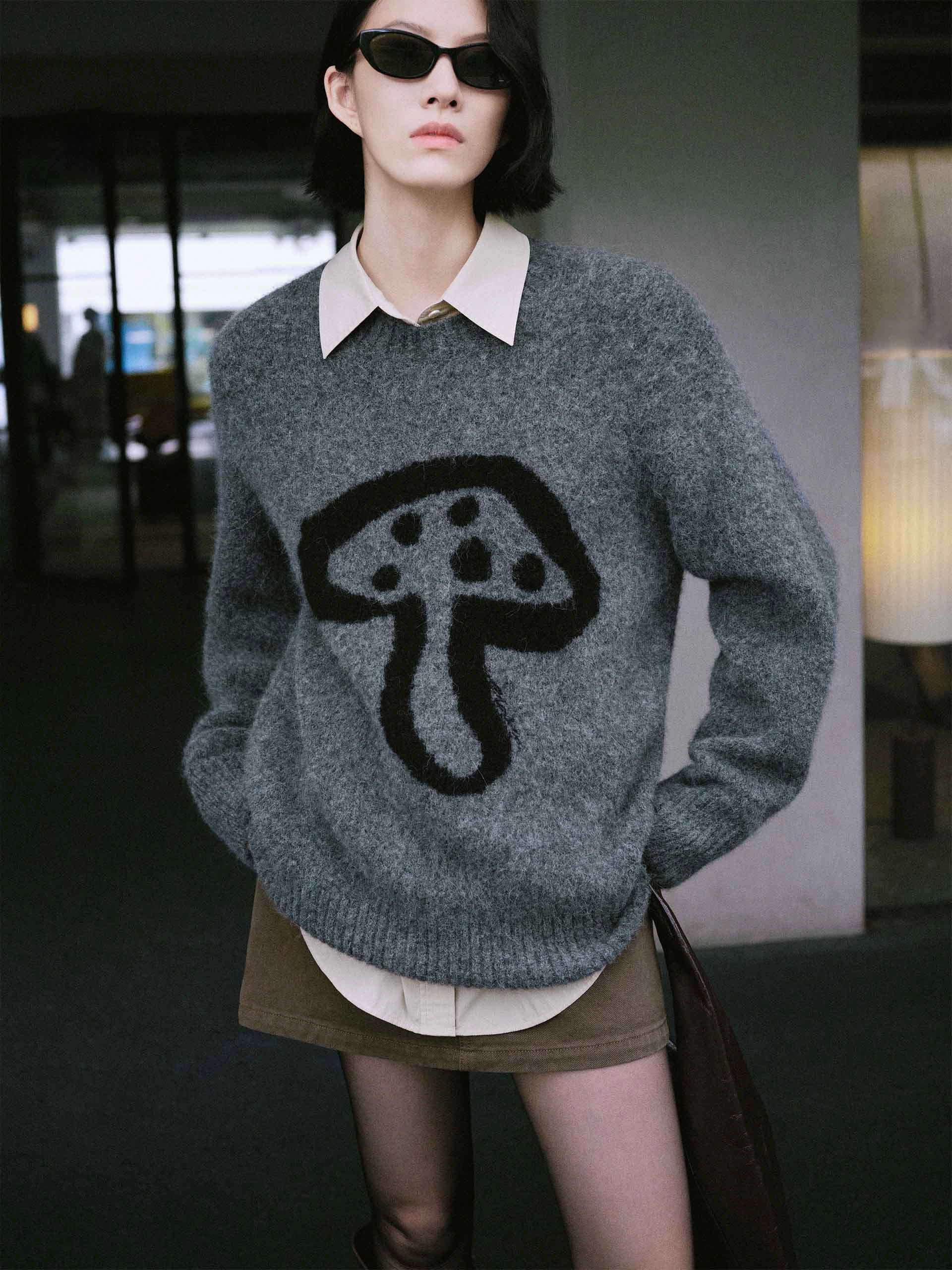 Ventilated Mesh Panels Mushroom Pattern Loose Sweater