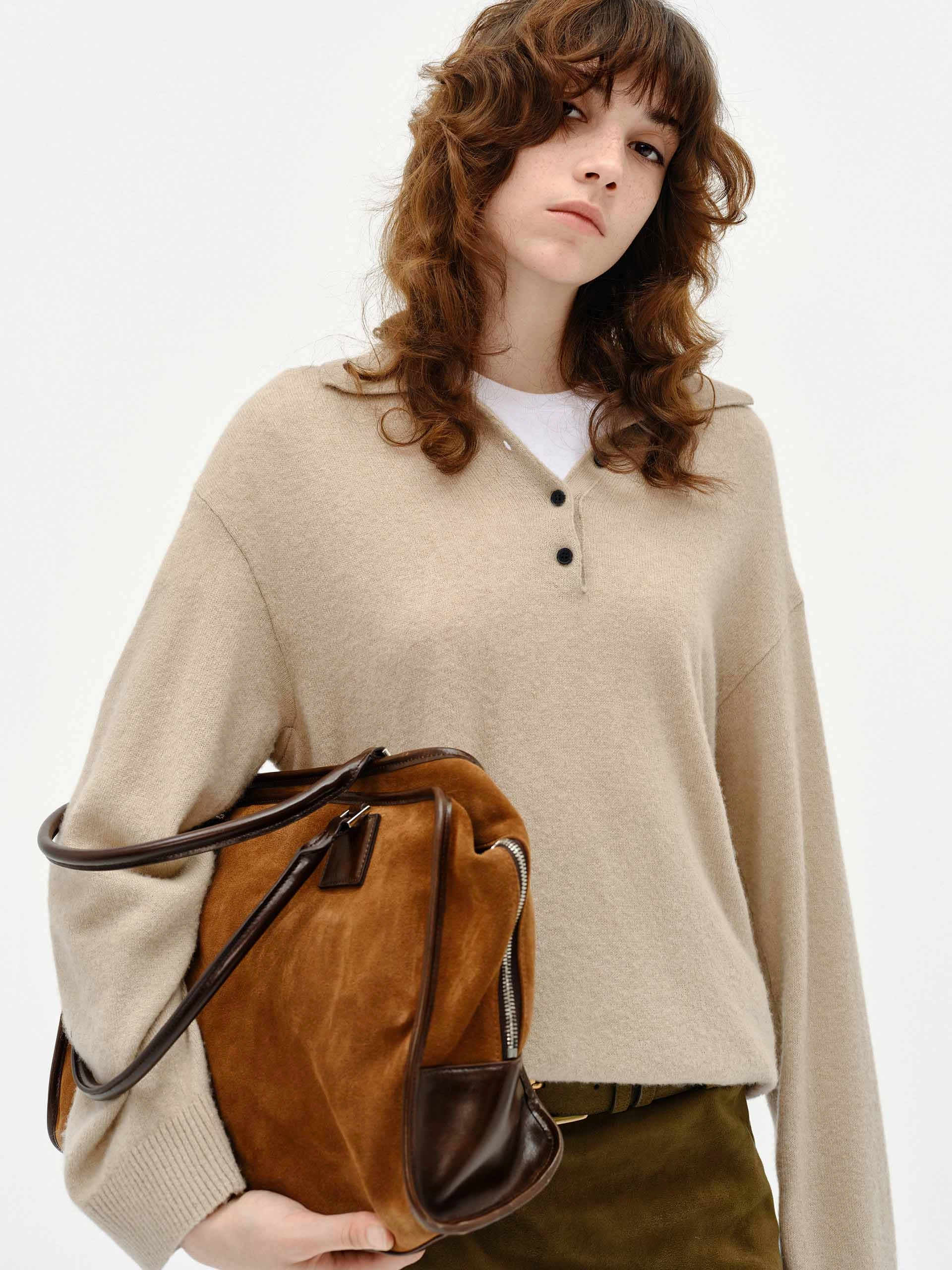 Polo Collar Loose Sweater Anti Odor Finish Modern Silhouette