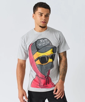 Curved Hem Design Homies Embroidered Short Sleeve Tee - Grey