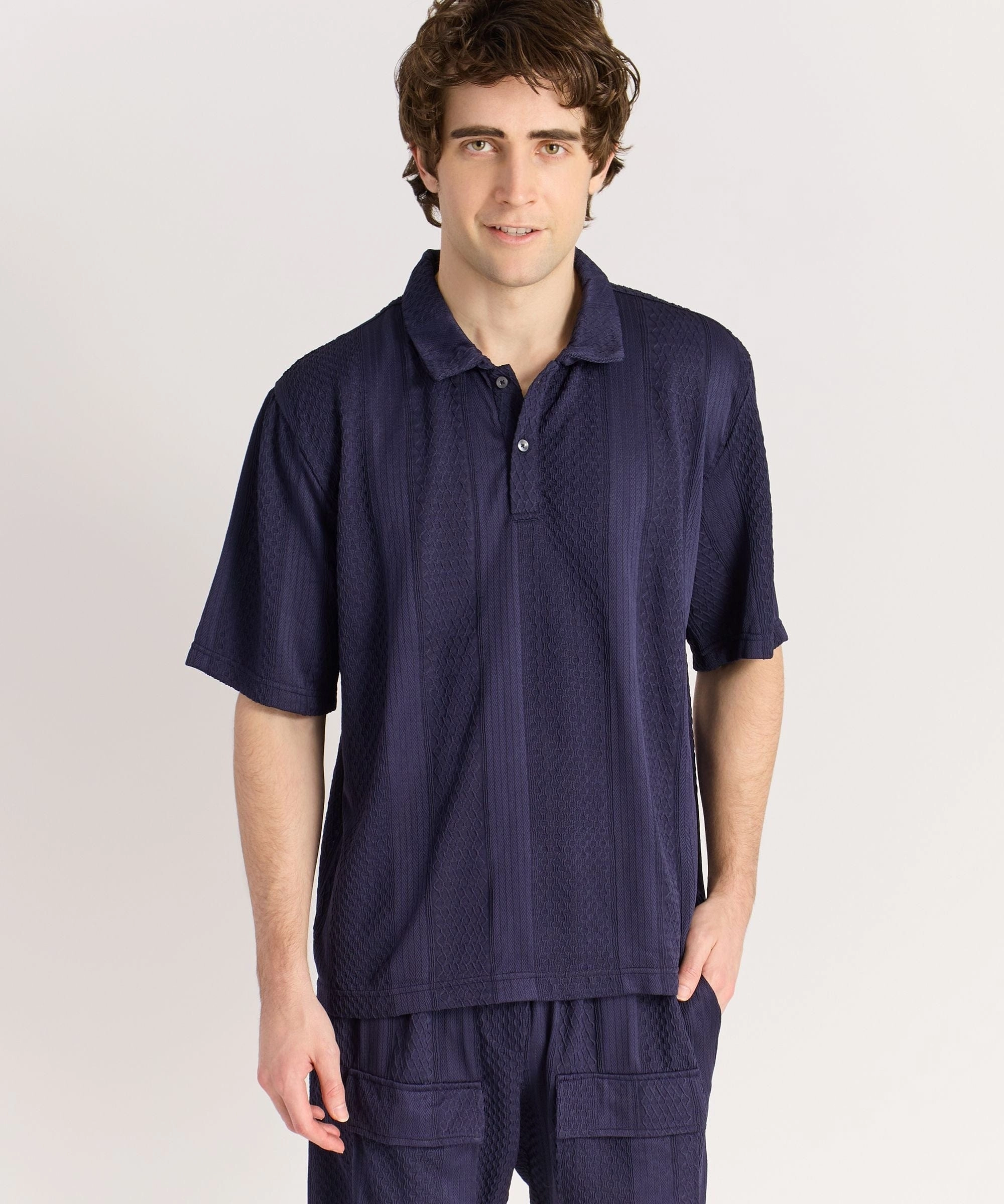 Jacquard Knit Textured Polo Shirt - Navy LowProfileSeams Wrinkle Resistant Treatment