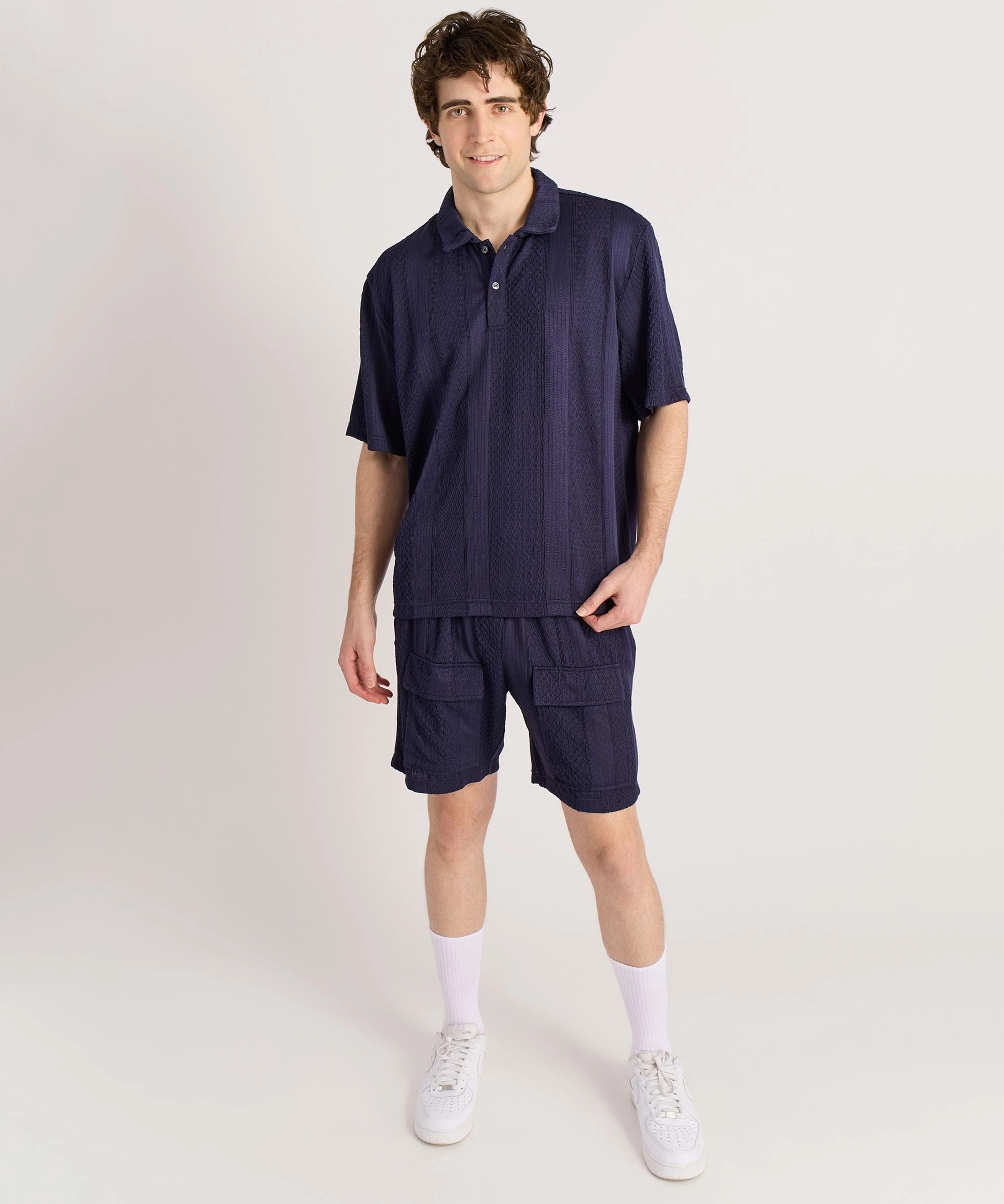 Quick Dry Fabric Flexible Knit Blend Jacquard Knit Textured Polo Shirt - Navy