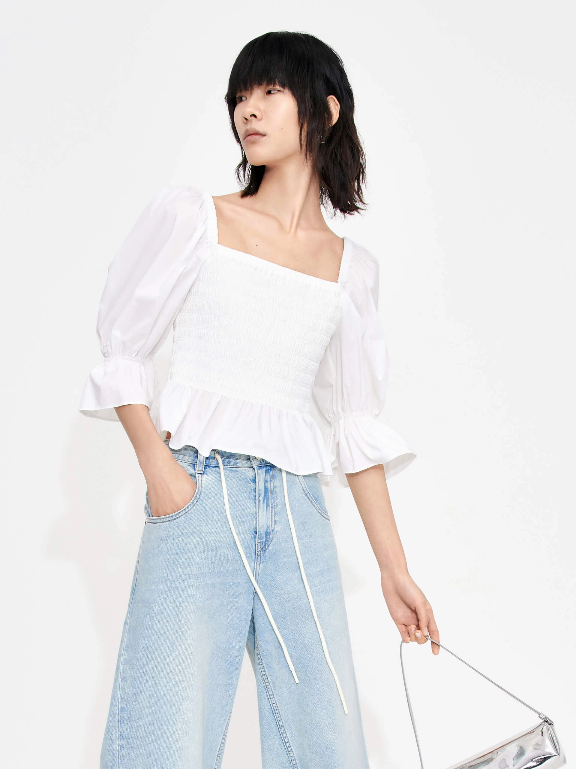 VentedBack Gathered Front Smocked Top