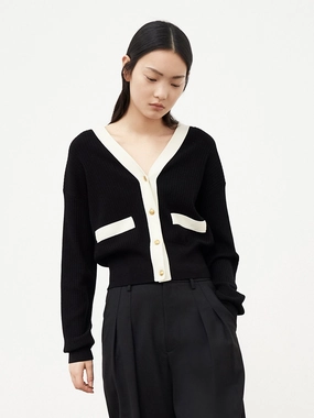 StaticResistant Material Interlock Stitch Detail Ribbed Knit Contrasting Cardigan