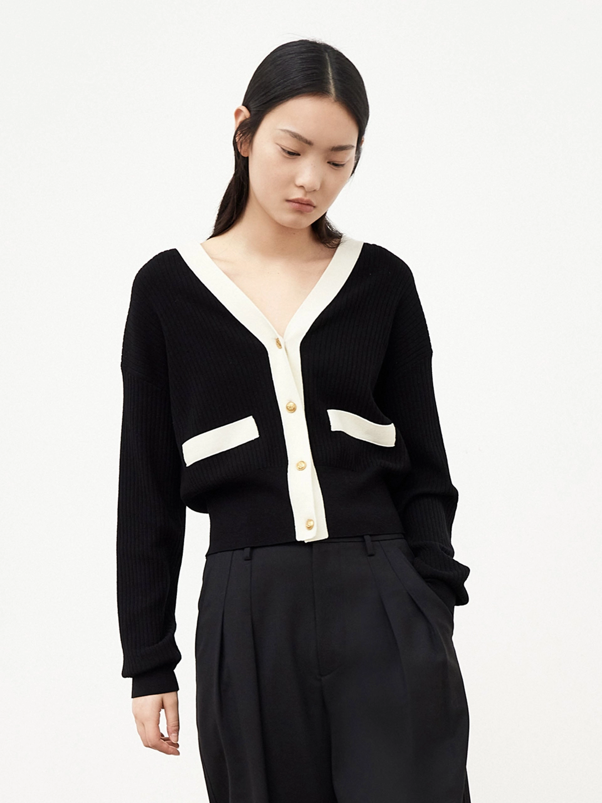 Ribbed Knit Contrasting Cardigan ReinforcedArmholes