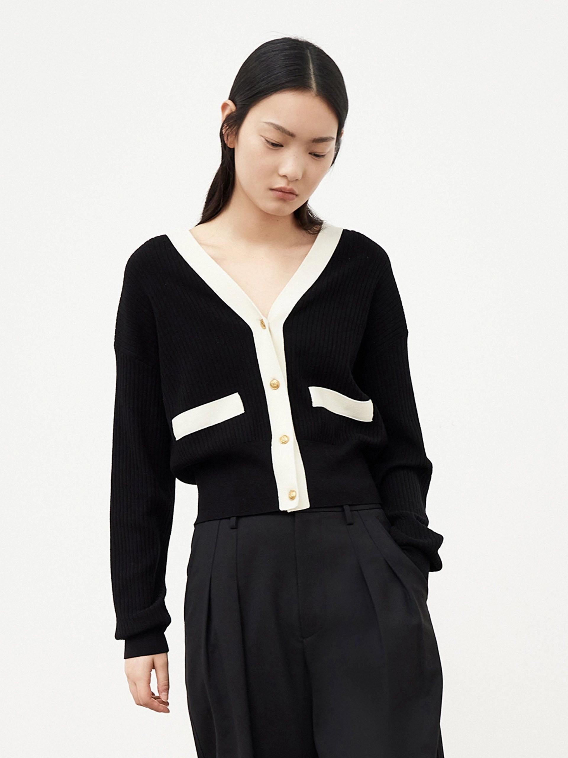 WaterResistantCoating Ribbed Knit Contrasting Cardigan