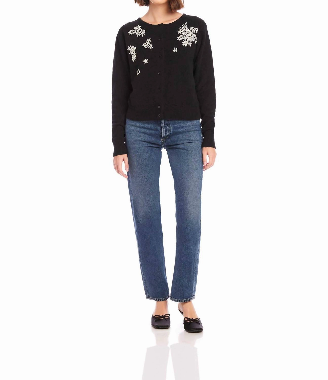 Flexible Waistband Breathable Material Bree Embellished Leaf Embroidery Cardigan In Black