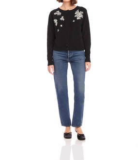 Flexible Waistband Breathable Material Bree Embellished Leaf Embroidery Cardigan In Black
