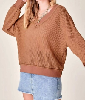 Waffle V Neck Top In Ginger Warm Layers Chilly Ready