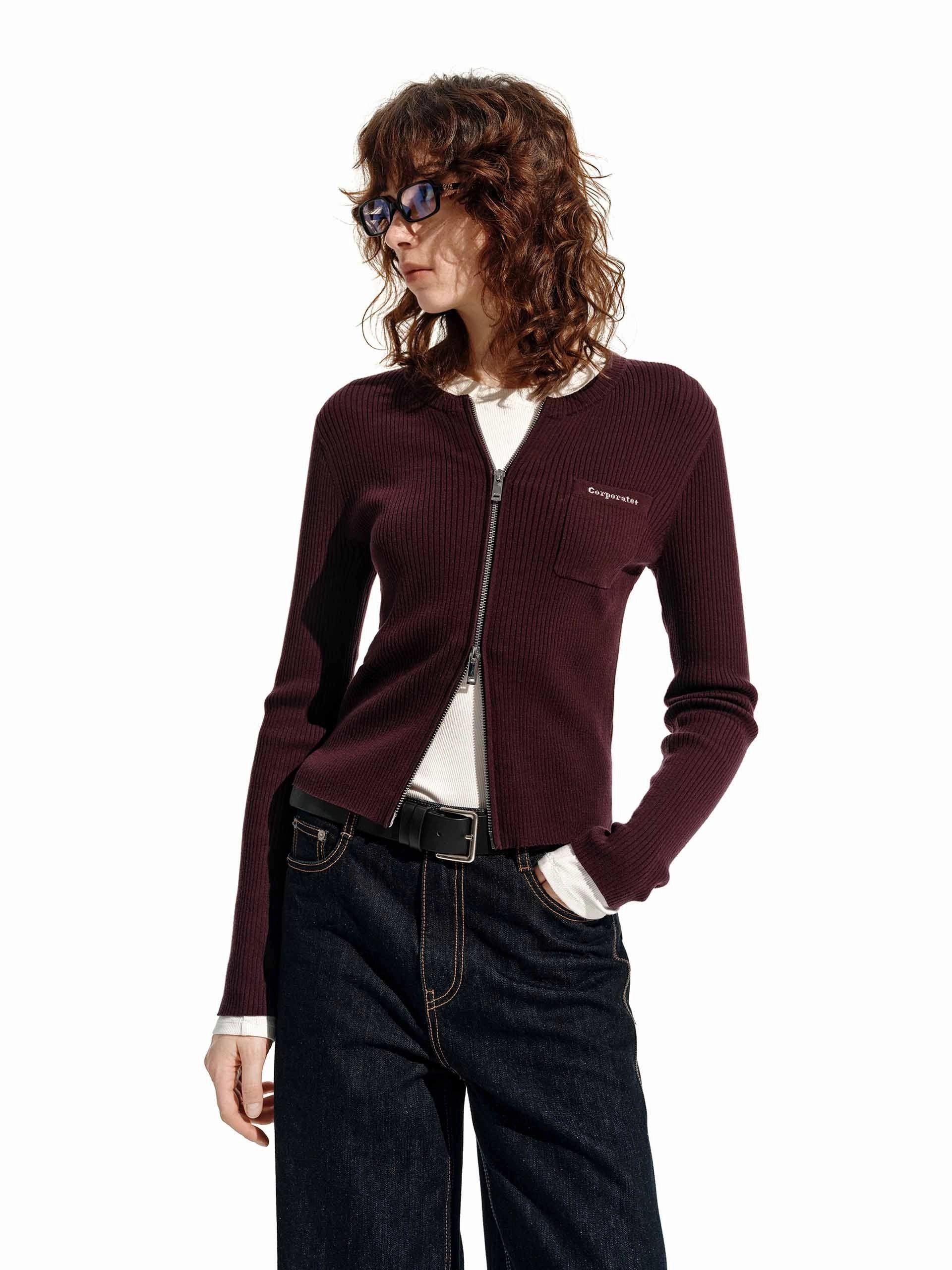 Zip Closure Ribbed Cardigan Chic Style